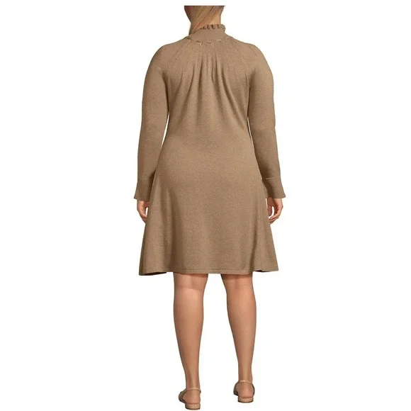 Lands' EndTaupe Brown Ruffle Mock Neck Front A-Line Long Sleeve Sweater Dress - Picture 2 of 6